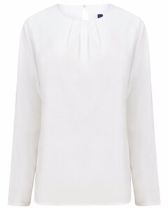 HENBURY H598 - LADIES PLEAT FRONT LONG SLEEVE BLOUSE White